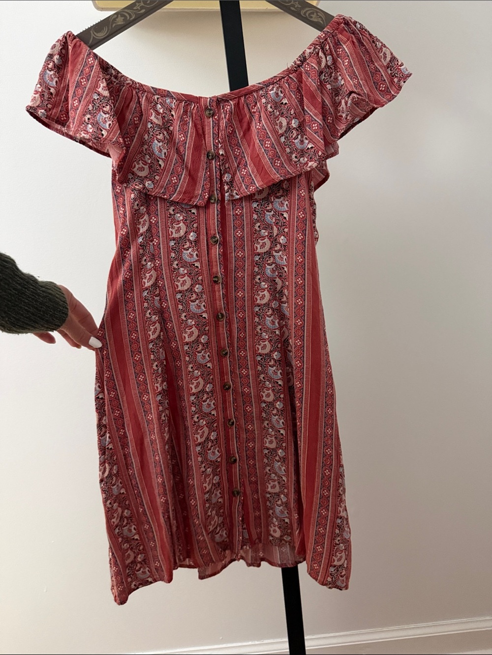 American Eagle Outfitters Off-Shoulder Red Striped Paisley Mini Dress